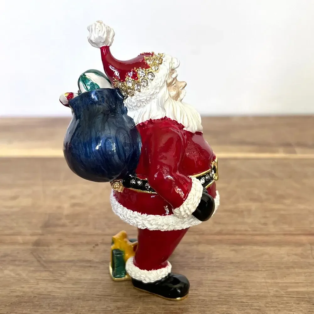 Bejeweled Santa Hinged Metal Enamel Trinket Box Santa Sack Gifts Christmas